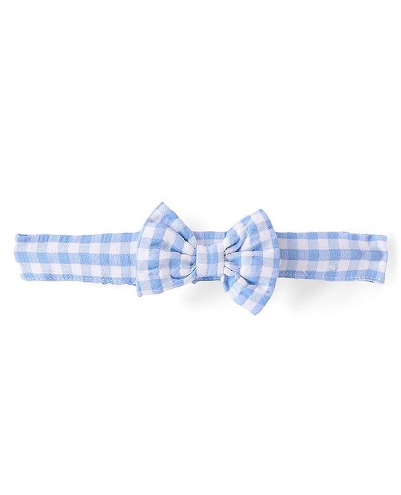 Babyhug Cotton Woven Half Sleeves Checks Frock with Bloomer & Headband Floral Embroidery - Blue