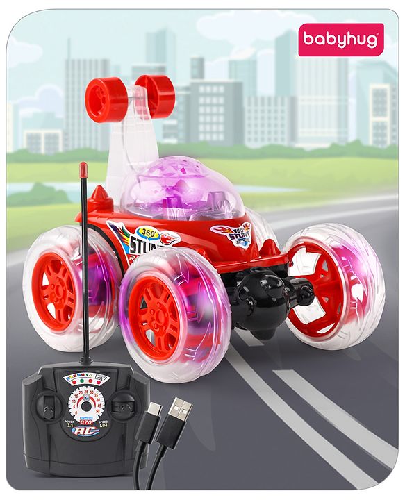 Babyhug Remote Control 360 Degree Twisting Stunt Red Car| 1:24 Scale Rechargeable Car with Lights| Gifting Car for 4 years + Kids| BIS Certified