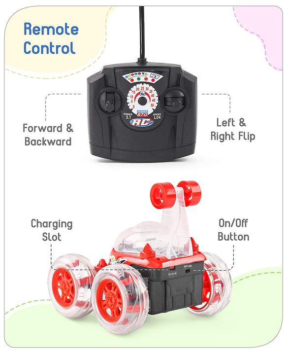 Babyhug Remote Control 360 Degree Twisting Stunt Red Car| 1:24 Scale Rechargeable Car with Lights| Gifting Car for 4 years + Kids| BIS Certified