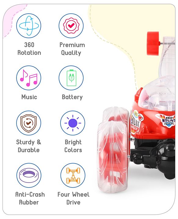 Babyhug Remote Control 360 Degree Twisting Stunt Red Car| 1:24 Scale Rechargeable Car with Lights| Gifting Car for 4 years + Kids| BIS Certified