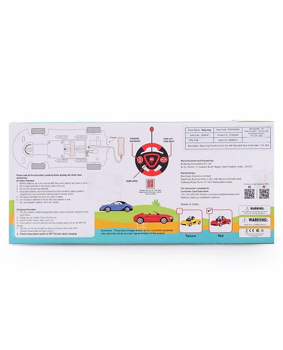 Babyhug Remote Control 1:16 Scale Openable Door Battery Operated Red Racing Car| USB-Cable Rechargeable Sports Car| High Speed Car with Long Lasting Battery and Bright LED Lights| BIS Certified| 3 Years+