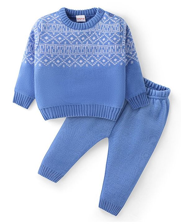 Babyhug Knit Full Sleeves Sweater Set with Aztec Design - Light Blue