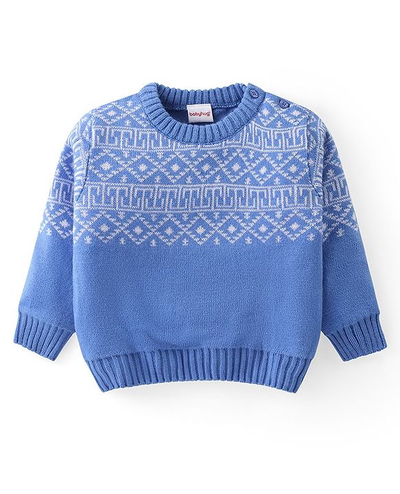Babyhug Knit Full Sleeves Sweater Set with Aztec Design - Light Blue