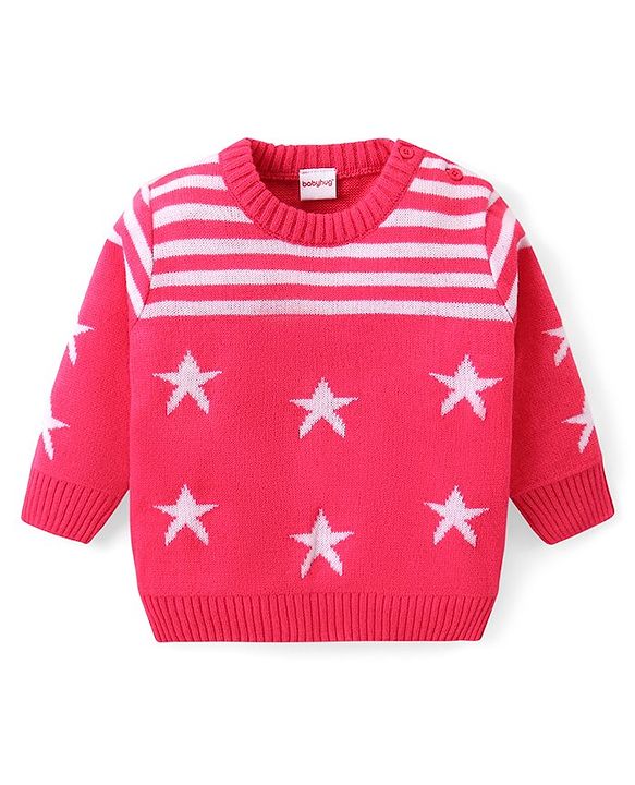 Babyhug Knitted Full Sleeves Sweater Set with Star & Striped Design - Dark Pink