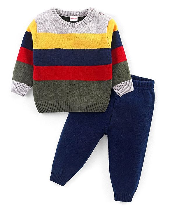 Babyhug Knitted Full Sleeved Pullover Striped Sweater Set - Multicolour