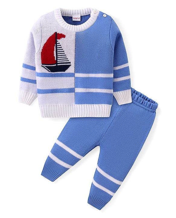 Babyhug Knitted Full Sleeves Sweater Set with Boat Design - Multicolour