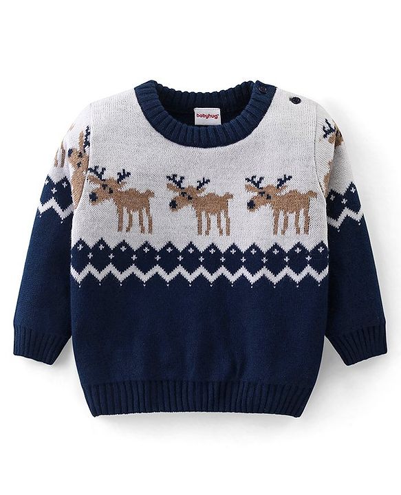 Babyhug Knitted Full Sleeves Sweater Set with Reindeer Design - Navy Blue