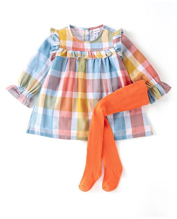 Babyhug Cotton Woven Full  Sleeves Checkered Frock with Leggings - Orange