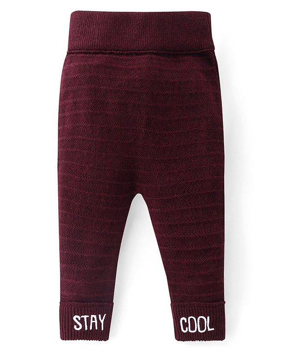 Babyhug Full Length Fleece & Sweater Knit  Woollen Pant with Text Embroidery Solid Colour - Red