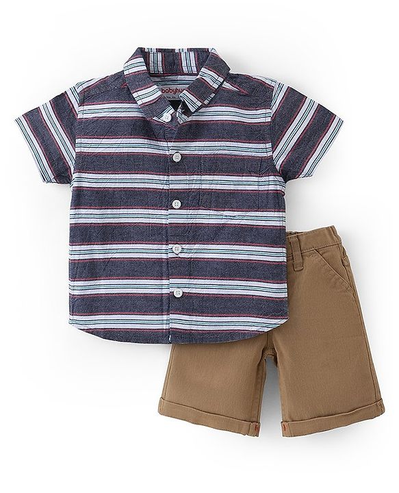 Babyhug Cotton Woven Half Sleeves Striped Shirt & Denim Shorts Set - Blue & Brown