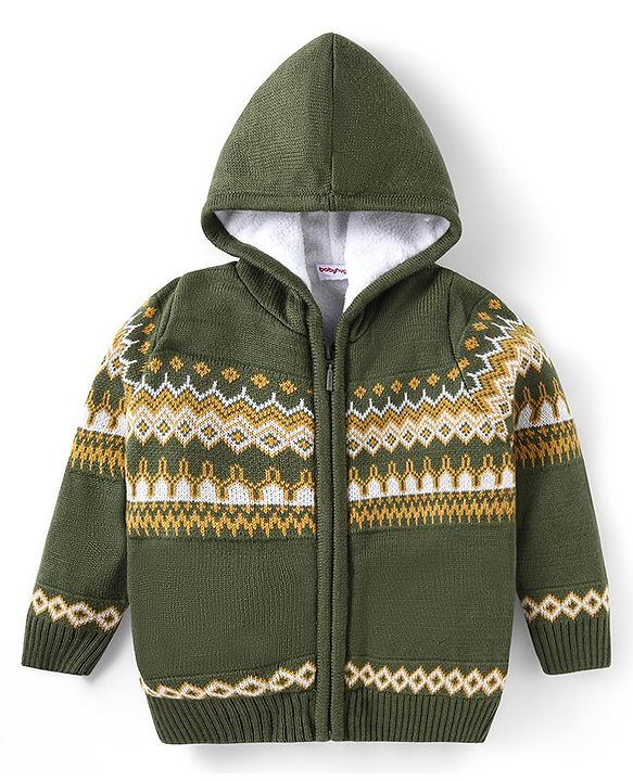 Babyhug Knitted Full Sleeves Front Open Hooded Sweater With Floral Design - Olive Green