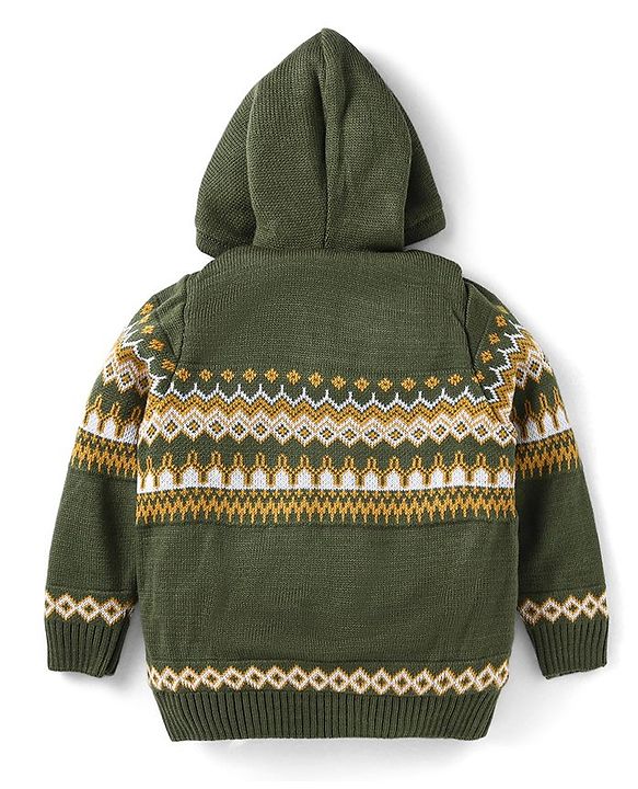 Babyhug Knitted Full Sleeves Front Open Hooded Sweater With Floral Design - Olive Green