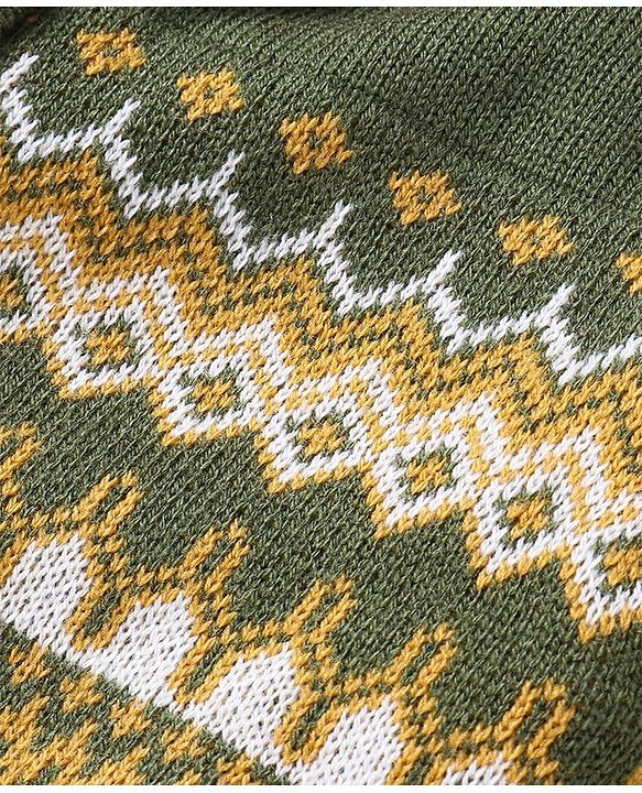 Babyhug Knitted Full Sleeves Front Open Hooded Sweater With Floral Design - Olive Green