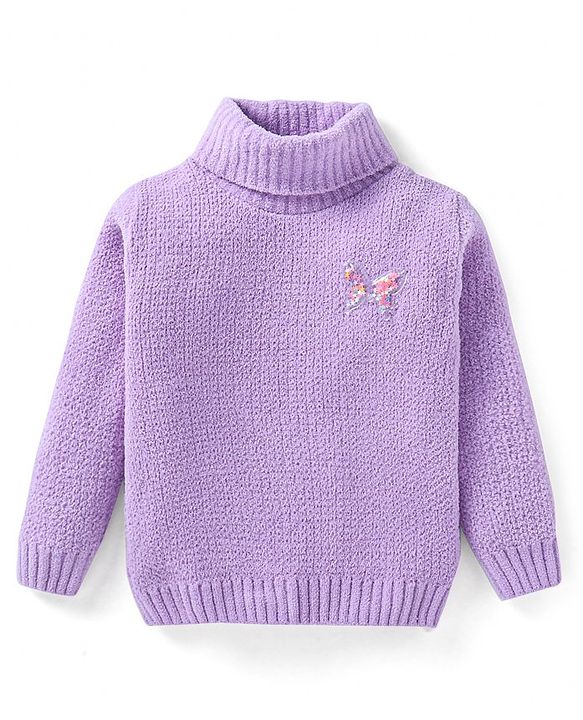 Babyhug Knitted Full Sleeves Turtle Neck Pullover Sweater With Butterfly Patch - Lilac