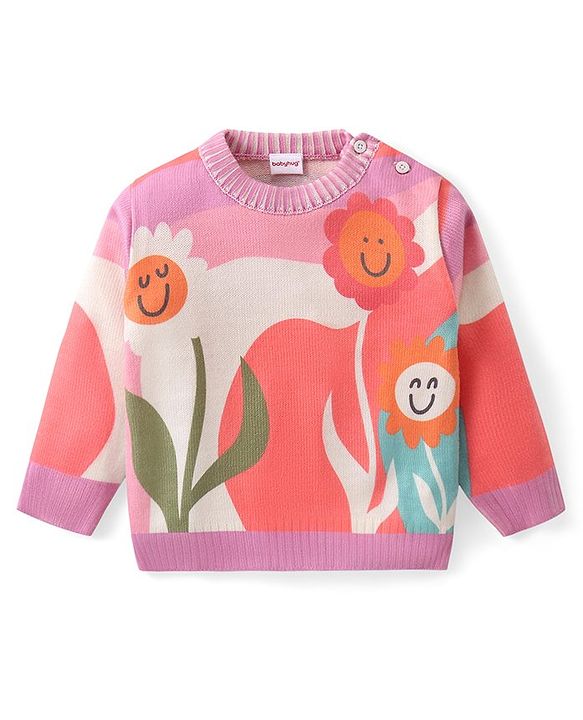 Babyhug Knitted Full Sleeves Pullover Sweater with Floral Design - Multicolour