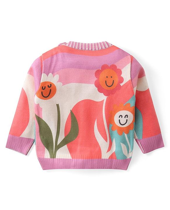 Babyhug Knitted Full Sleeves Pullover Sweater with Floral Design - Multicolour
