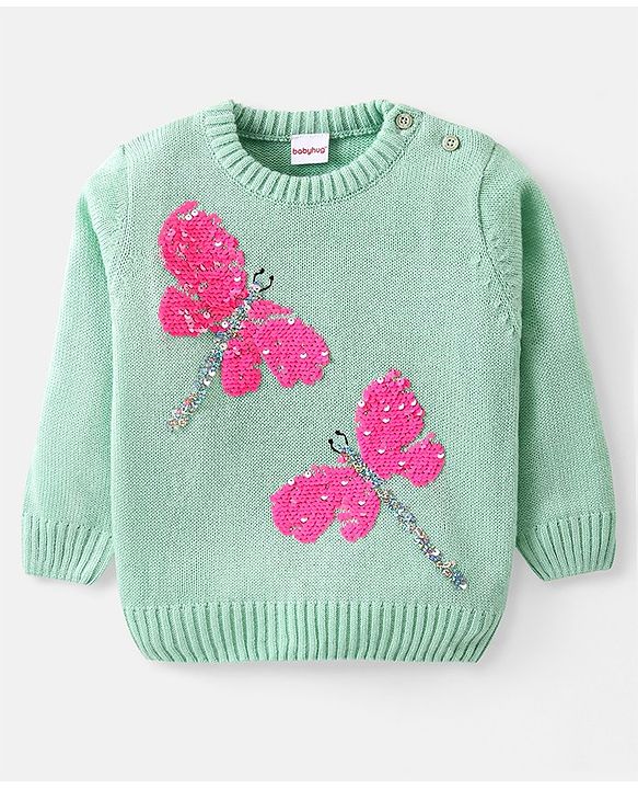 Babyhug Knitted Full Sleeves Pullovers Sweater With Sequin Dragonfly Detailing - Mint