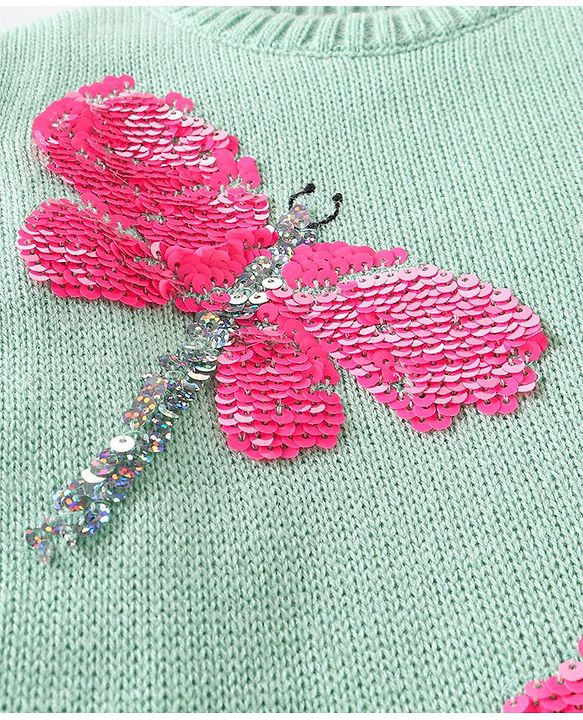 Babyhug Knitted Full Sleeves Pullovers Sweater With Sequin Dragonfly Detailing - Mint