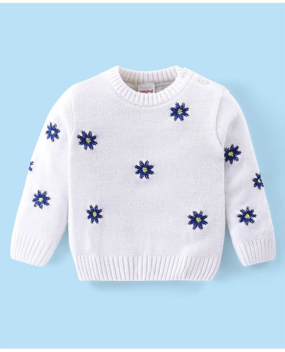 Babyhug Knitted Full Sleeves Pullovers Sweater With Floral Design - Offwhite