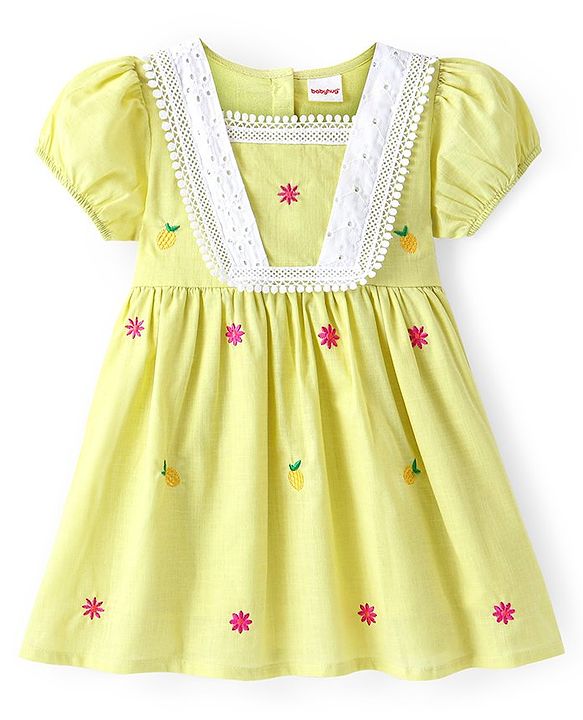 Babyhug Cotton Woven Puffed Sleeves Frock with Floral Embroidery & Lace Detailing - Yellow