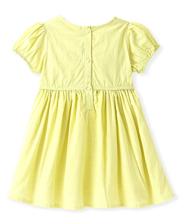 Babyhug Cotton Woven Puffed Sleeves Frock with Floral Embroidery & Lace Detailing - Yellow
