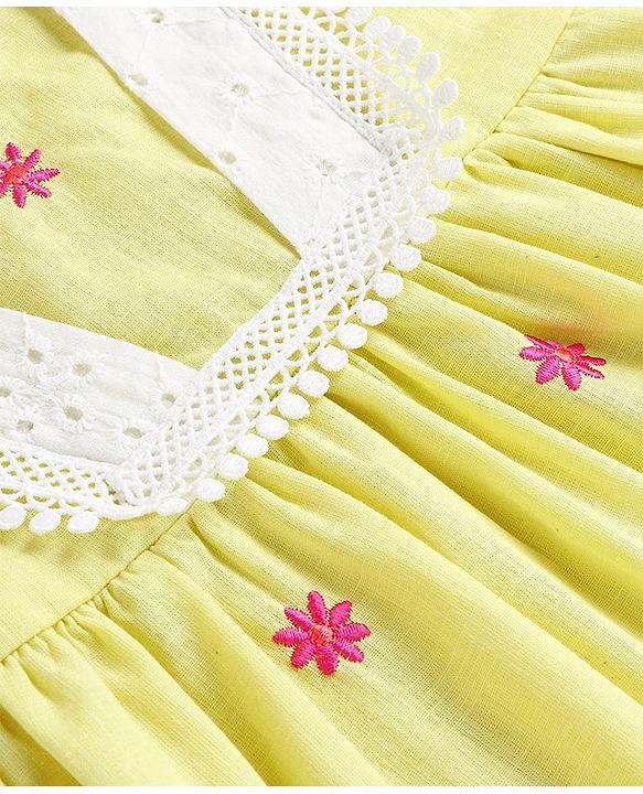 Babyhug Cotton Woven Puffed Sleeves Frock with Floral Embroidery & Lace Detailing - Yellow