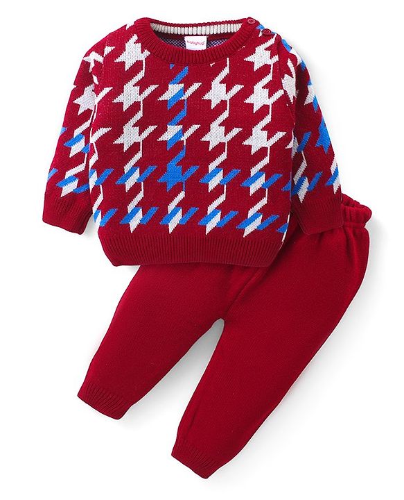 Babyhug Knitted Full Sleeves Sweater Set with Design - Red