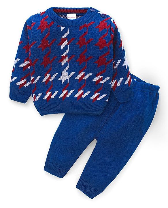 Babyhug Knitted Full Sleeves Sweater Set with Design - Blue