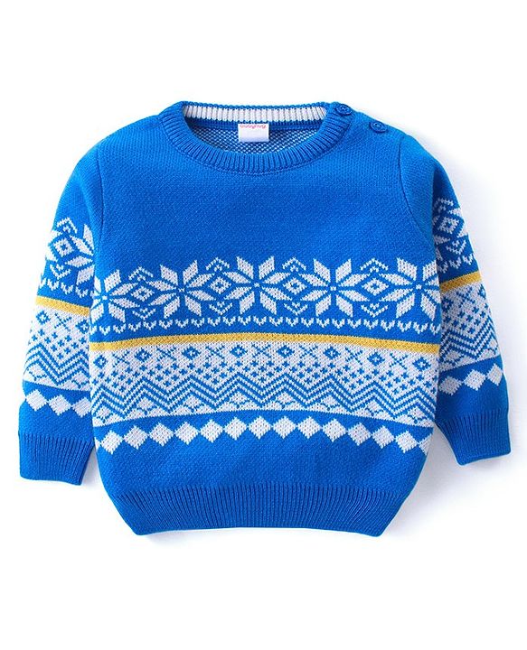 Babyhug Knitted Full Sleeves Sweater Set with Floral Design - Blue