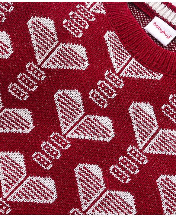 Babyhug Knitted Full Sleeves Pullover Sweater & Pant Set With Hearts Design - Red