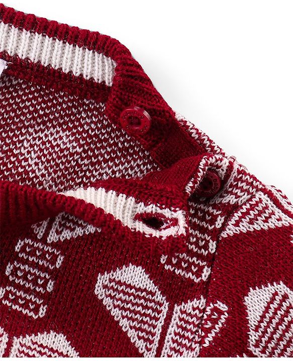 Babyhug Knitted Full Sleeves Pullover Sweater & Pant Set With Hearts Design - Red