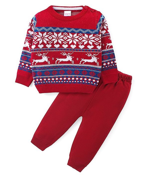 Babyhug Knitted Full Sleeves Sweater Set with Christmas Design - Red