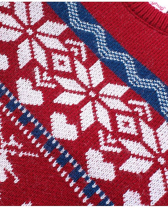 Babyhug Knitted Full Sleeves Sweater Set with Christmas Design - Red