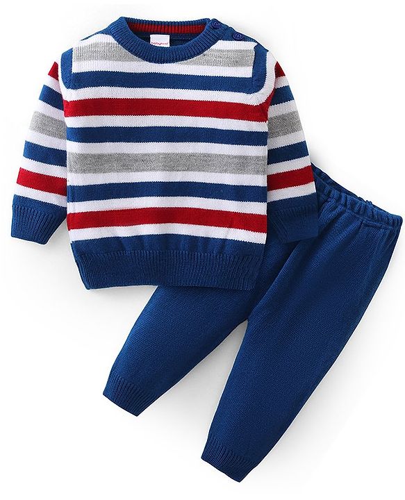 Babyhug Knit Full Sleeves Sweater Set with Stripes Design - Blue