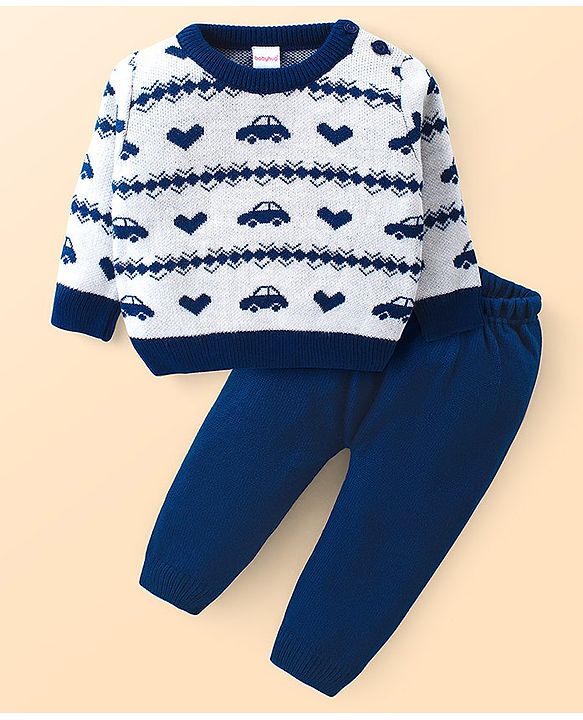 Babyhug Knitted Full Sleeves Sweater Set with Car & Heart Design - White & Navy Blue