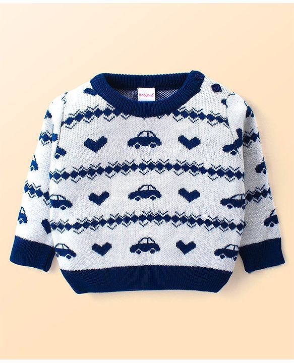 Babyhug Knitted Full Sleeves Sweater Set with Car & Heart Design - White & Navy Blue