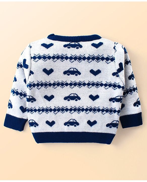 Babyhug Knitted Full Sleeves Sweater Set with Car & Heart Design - White & Navy Blue