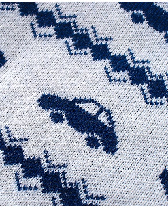 Babyhug Knitted Full Sleeves Sweater Set with Car & Heart Design - White & Navy Blue