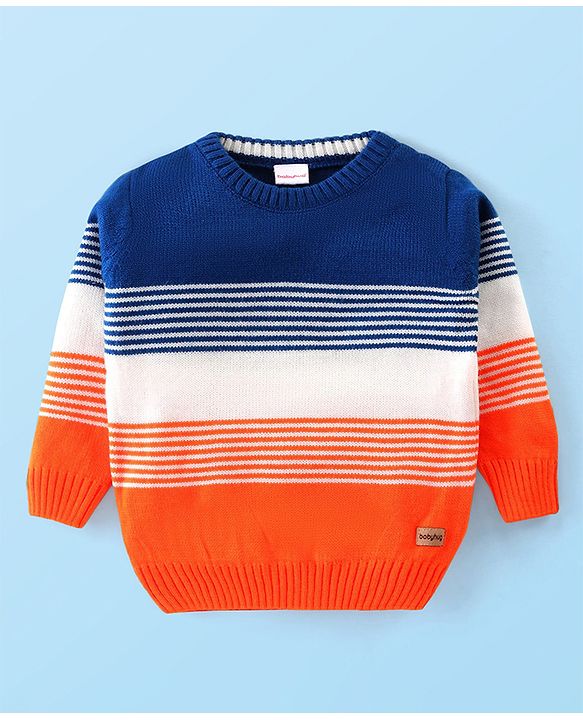 Babyhug Knitted Full Sleeves Pullover Sweater with Stripes & Colour Block Design - Blue White & Orange