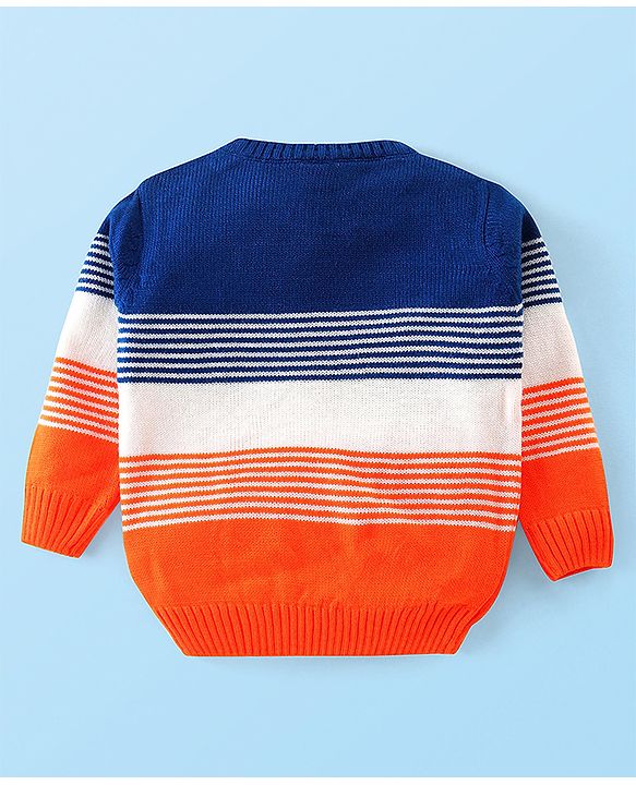 Babyhug Knitted Full Sleeves Pullover Sweater with Stripes & Colour Block Design - Blue White & Orange