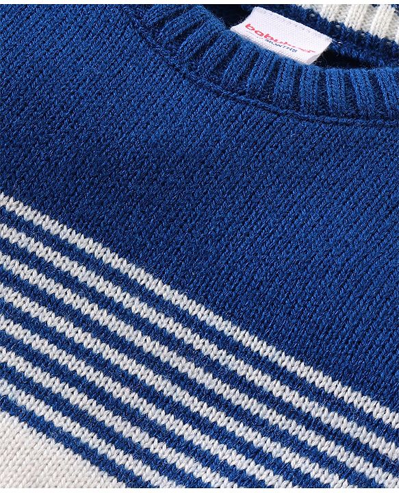 Babyhug Knitted Full Sleeves Pullover Sweater with Stripes & Colour Block Design - Blue White & Orange