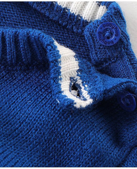 Babyhug Knitted Full Sleeves Pullover Sweater with Stripes & Colour Block Design - Blue White & Orange