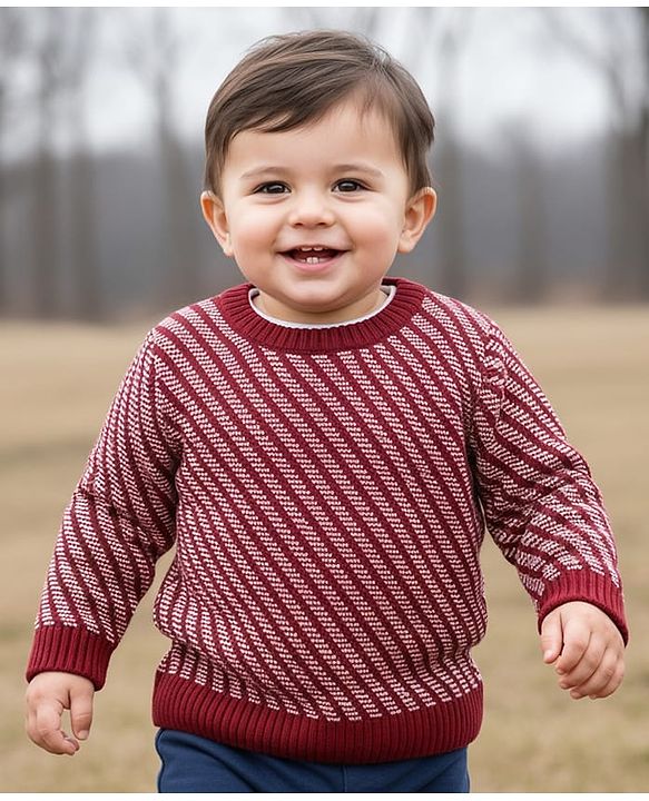Babyhug Knitted Full Sleeves Pullovers Striped Sweater -Red