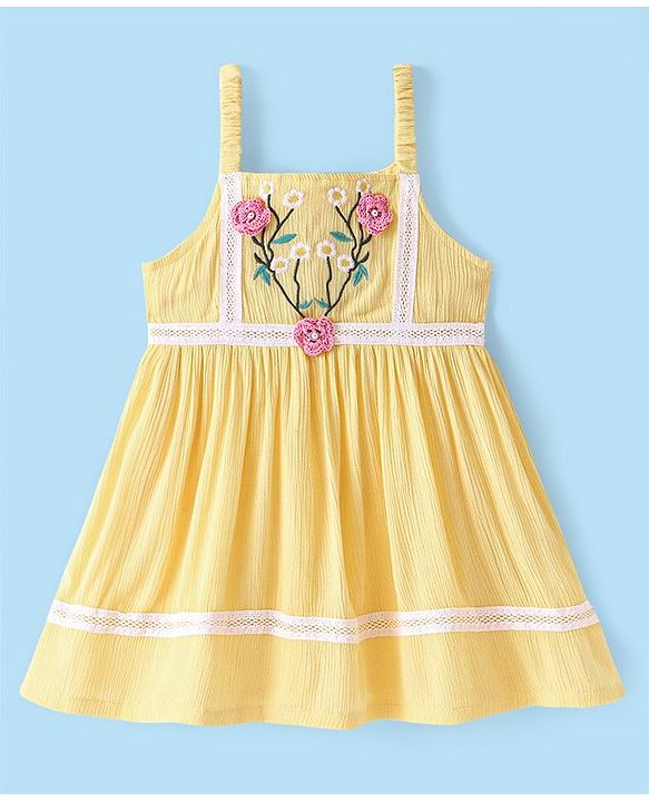 Babyhug Rayon Sleeveless Frock with Floral Embroidery and Lace Detailing - Yellow