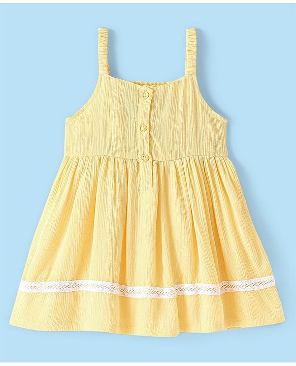 Babyhug Rayon Sleeveless Frock with Floral Embroidery and Lace Detailing - Yellow