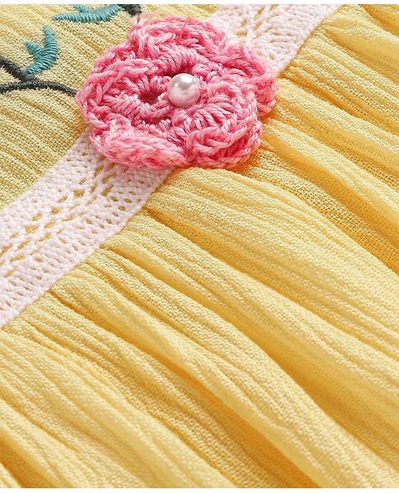 Babyhug Rayon Sleeveless Frock with Floral Embroidery and Lace Detailing - Yellow