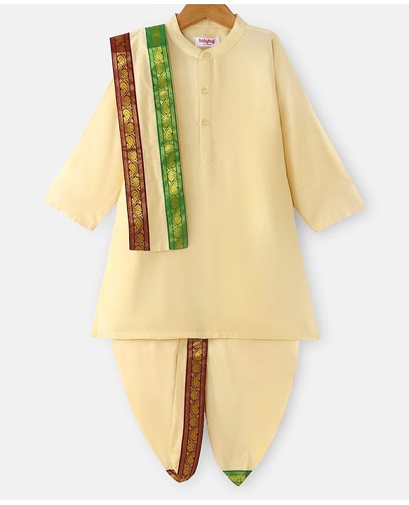 Babyhug Cambric Woven Full Sleeves Solid Kurta With Coordinating Dhoti & Angavastram -  Offwhite