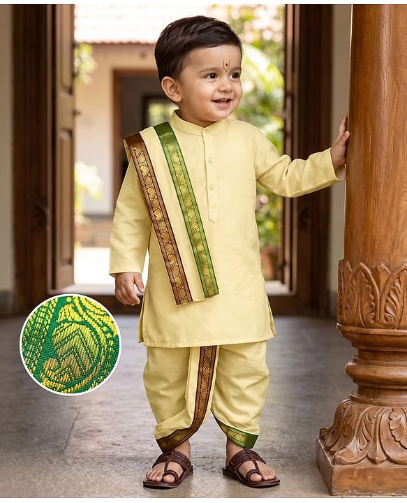 Babyhug Cambric Woven Full Sleeves Solid Kurta With Coordinating Dhoti & Angavastram -  Offwhite