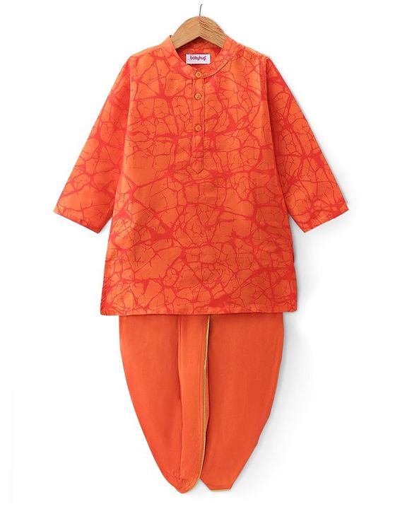 Babyhug Woven Full Sleeves Printed Kurta Dhoti Set - Orange