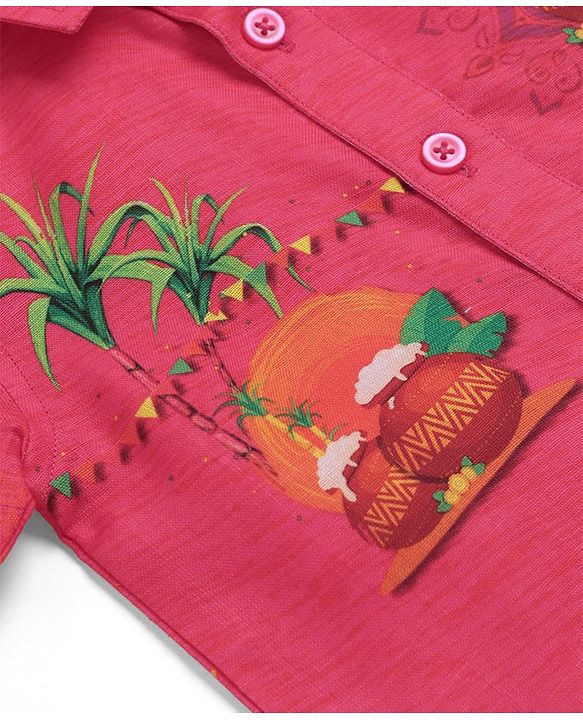 Babyhug Cambric Woven Half Sleeves Printed Shirt & Mundu Set - Pink